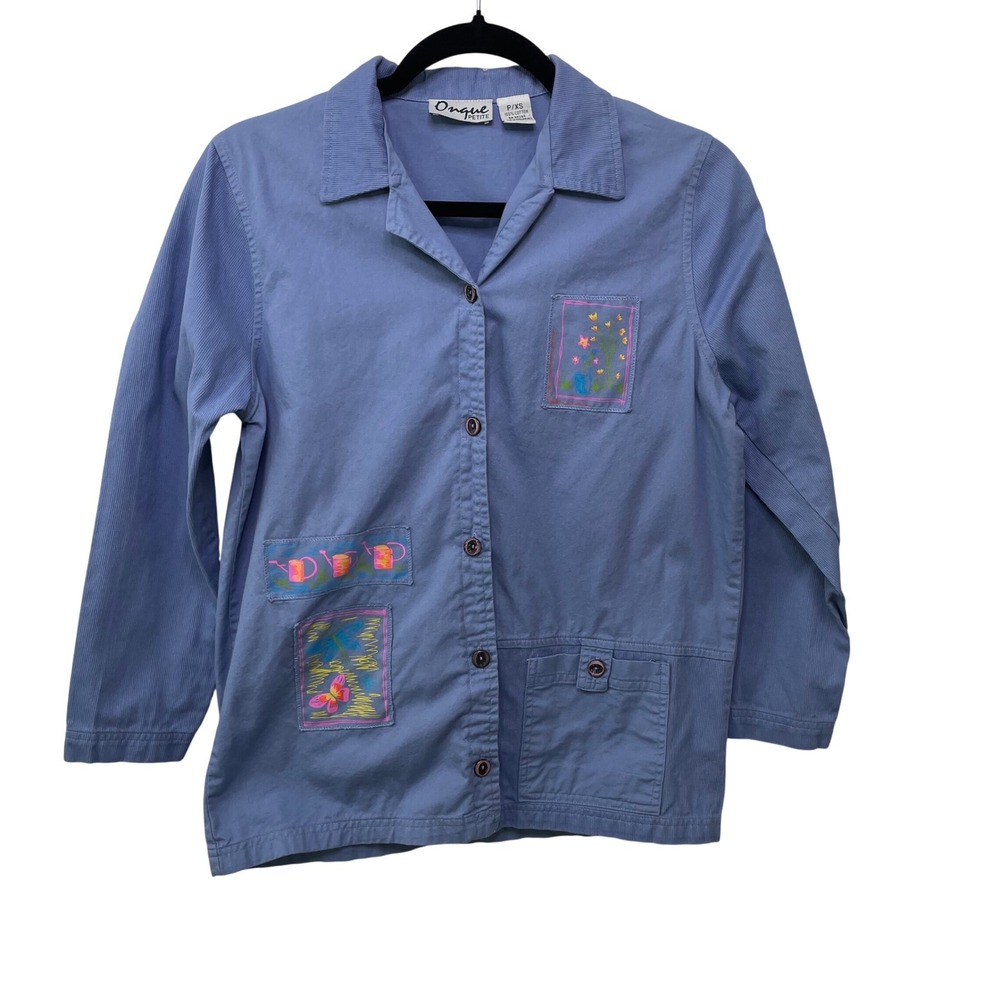 Vtg Blue Garden Patch Corduroy Accent Button Up Shirt Shacket XS Coastal Grandma